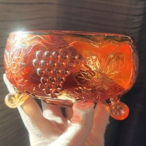 Vtg Fenton Art Glass Marigold Carnival Glass Grapes & Cable Footed Bowl